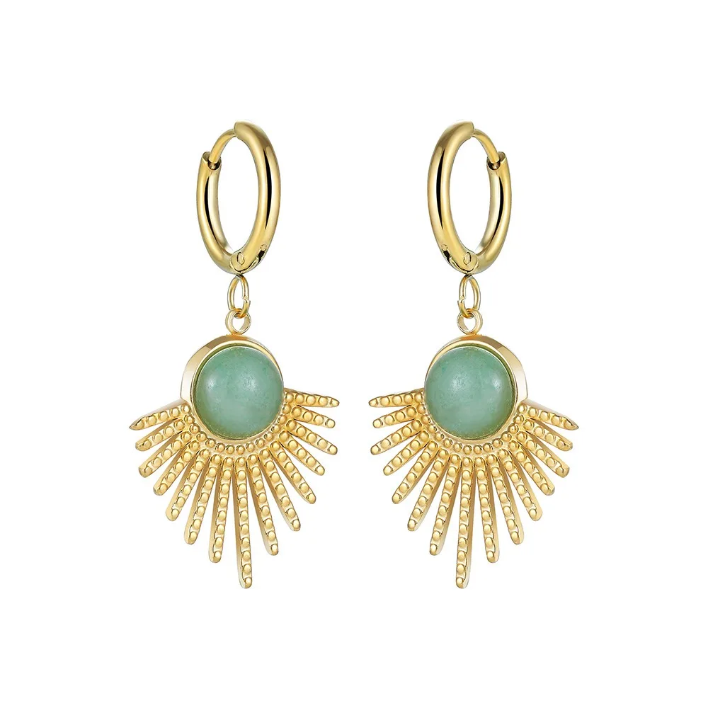 Factory wholesale retro personality creative jewelry green aventurine geometric titanium stainless steel sun god earrings