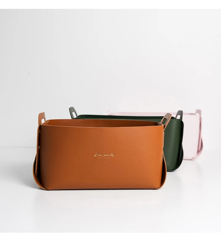 Small Basket Bin Leather Storage Basket, Foldable Shelf Desk Organizer Trays for Living Room, Office, Nursery, Home Decor