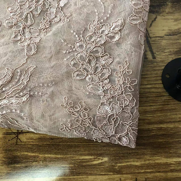 High end 3D mesh sequin embroidery fabric for wedding dress, 100% polyester embroidery fabric/