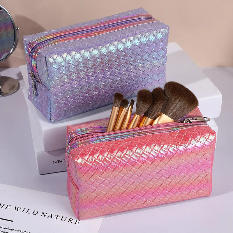 New Laser Square Color Woven Pattern Pu Leather Women Travel Cosmetic Storage Travel Toiletry Zipper Makeup Brush Bag Ladies