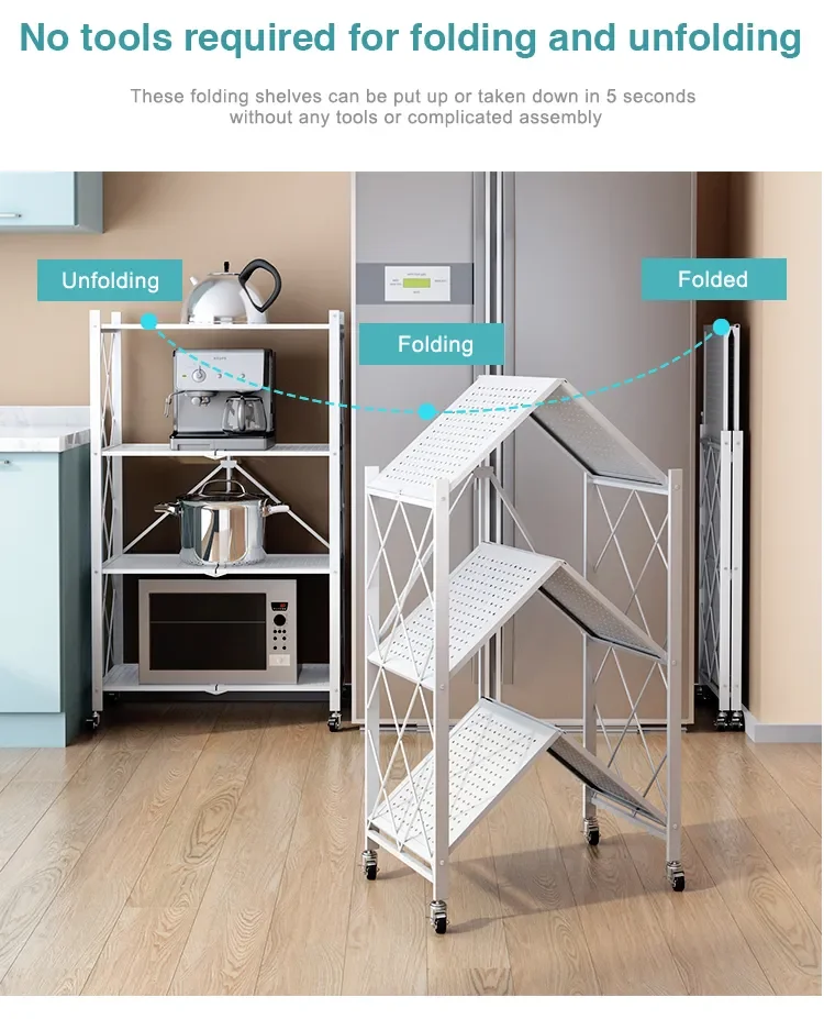 5 Layer Household Kitchen Racks Stainless Steel Shelf Stackable Folding Shelves Mobile Metal Foldable Storage Rack With Wheels