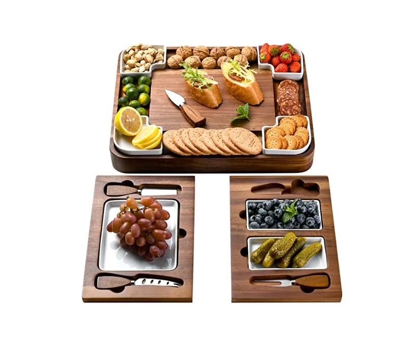 Acacia Wood Cheese Board Set Square Shaped Charcuterie Boards Cheese Platter With Stainless Steel Cutlery