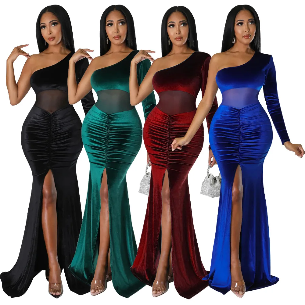 New high quality long sleeve women fall Fishtail dress one shoulder evening dresses with high slit