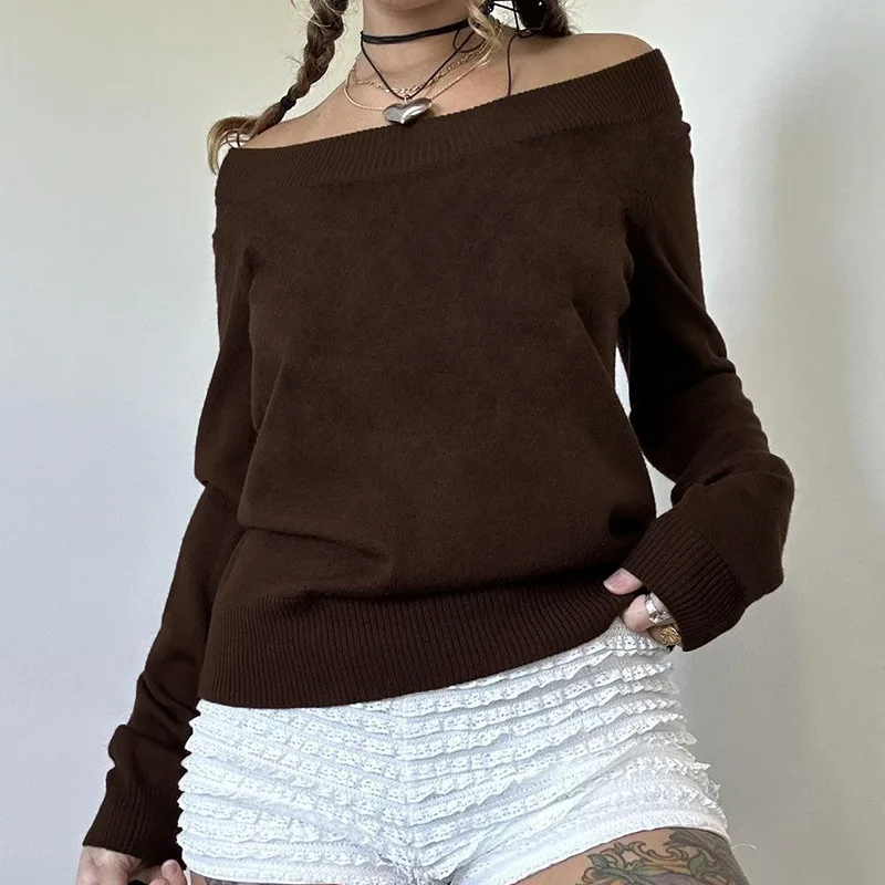 American-style retro Brown large collar waist-tight woolen top autumn wild women loose sweater