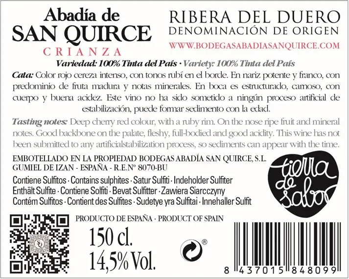 High Quality Spanish Red Wine Abadia San Quirce DO Ribera del Duero Crianza for table 1500ml bottle 14,5%