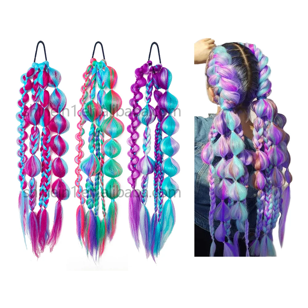 Shinein 24inch Blue Ombre Colored Pre Stretch Braiding Hair Yaki Handmade Crochet Braided Pony Tail Hair Extensions