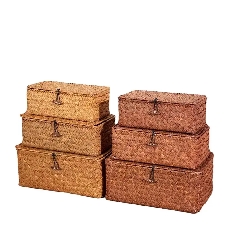 NISEVEN Hot Sale Bohemian Decor Gift Baskets for Fruit Sundries Rectangular Woven Seaweed Storage Basket Covered Wicker Basket