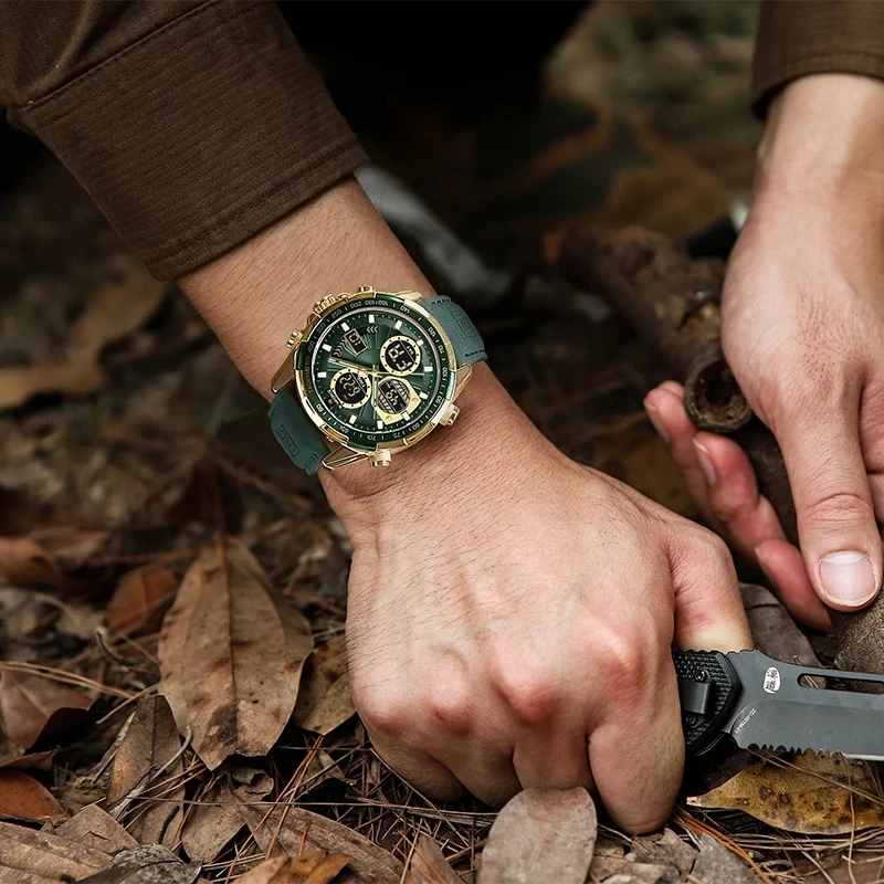 NAVIFORCE 9197 Top Brand Men Watches Sport Green Leather Waterproof Watches for Men  Dual Display Clock Male Relogio
