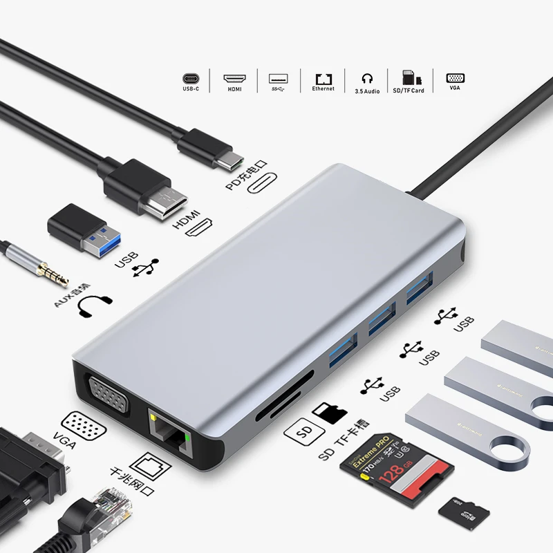 Usb type c hub 11 in 1 usb hub multi function adapter for MacBook Pro and Type C Windows Laptops