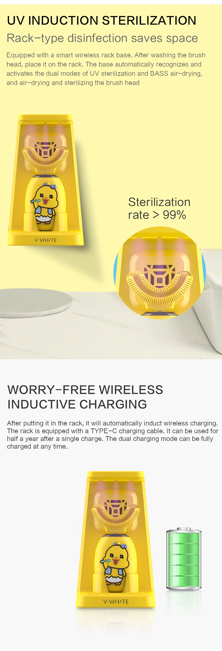 v-white cute mini yellow duck sonic two kinds of music guide mode children baby electric toothbrush U-shaped toothbrush