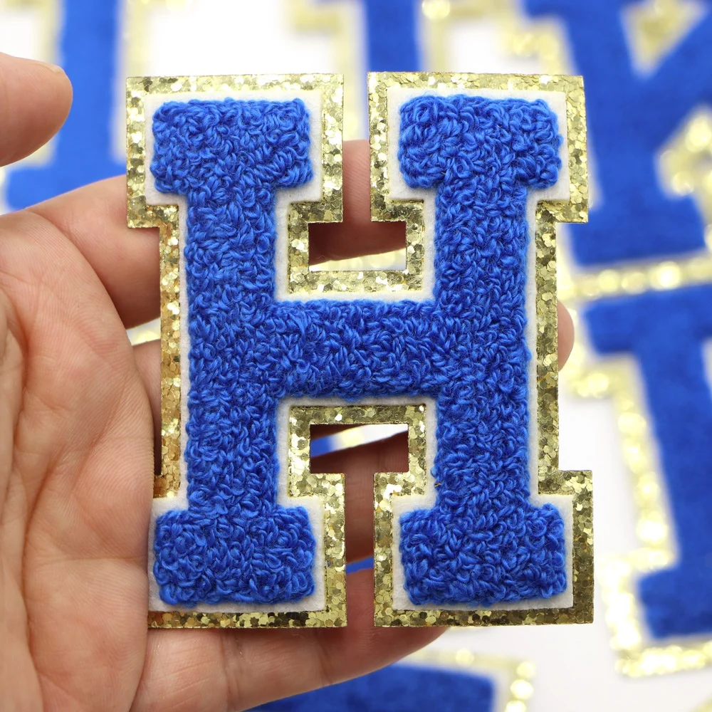 Custom Gold Sequins Chenille Letter Embroidery Patches Iron On Towel Alphabet Chenille Patches For Clothes