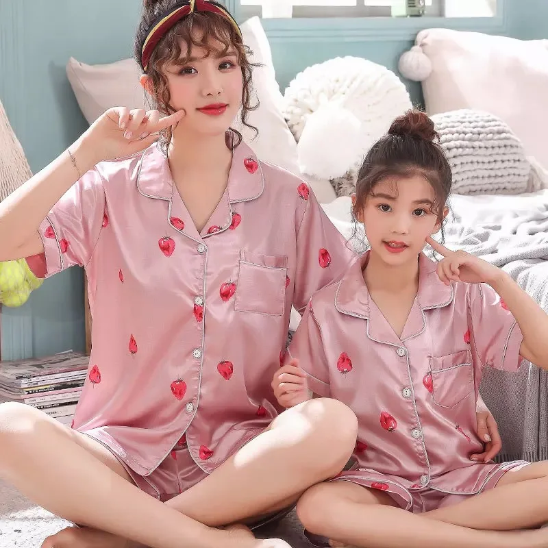 Летняя Детская Пижама, детский Шелковый Пижамный комплект для мальчиков и девочек, костюм для отцов для взрослых, атласная пижама, пижамный комплект с коротким рукавом