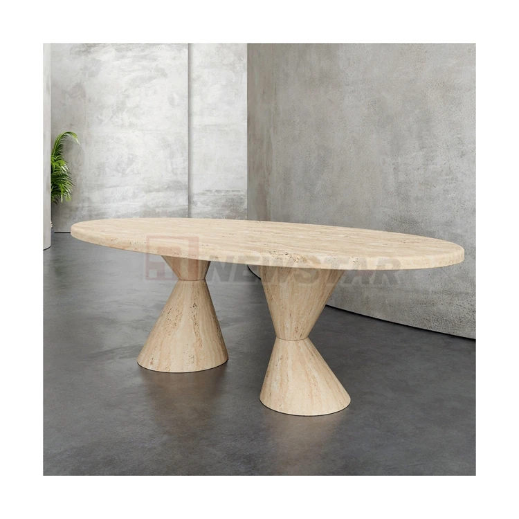 Newstar Stone Tan Travertine Upscale Home Decor Oval Stone Dining Table with Dual Conical Pedestal Base