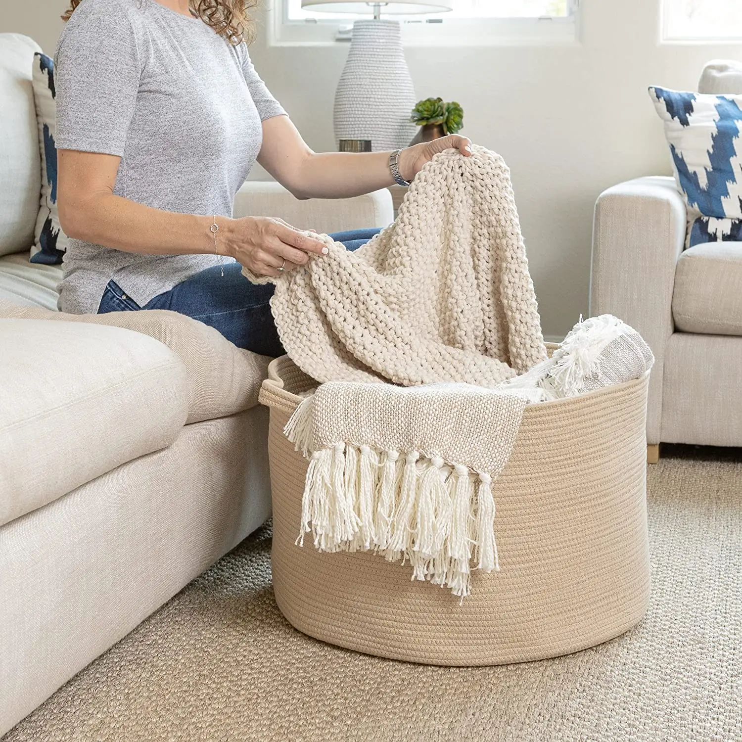 QJMAX XXL Cotton Rope Basket Natural Cotton Extra Large Woven Storage Basket Baby Hamper