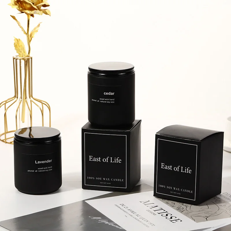 Candle Supplier Matte Luxury Design Soy Wax Essential oil Glass Jar Candles With Lids Black Frosted Glass Scented Candle