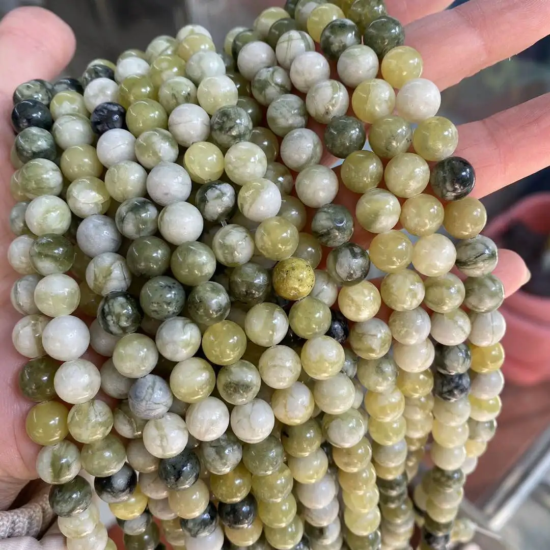 Newly Style Top Quality Wholesale Natural Loose Round Russia White Yellow Green Russian Flowery Jade beads for Jewelry Making