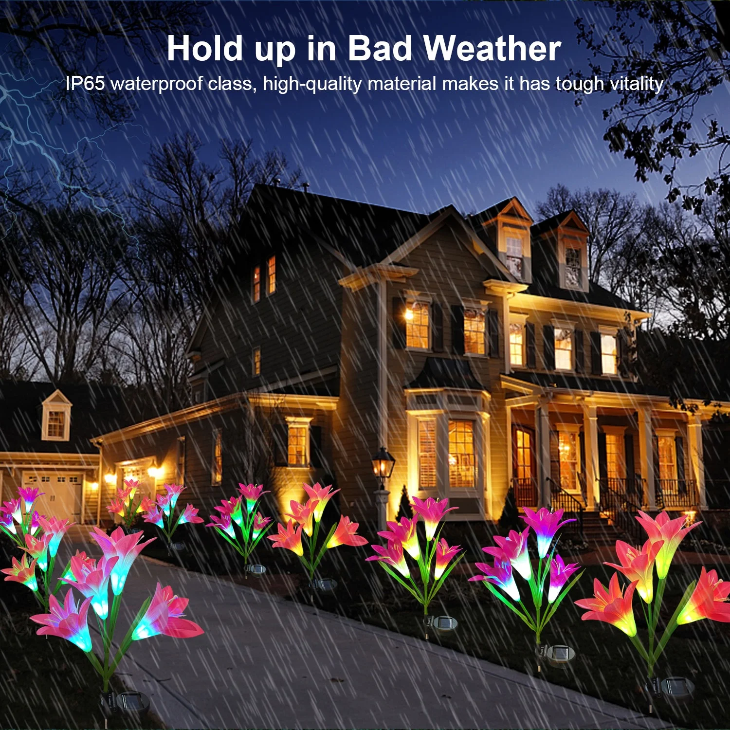 Outdoor Waterproof LED Solar Lily Lantern RGB Decorative Warm White Stainless Steel Body IP65 Christmas Style Patio Landscape