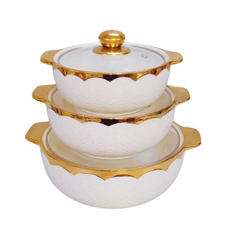 Luxury Modern Design 3pcs Set Ceramic Soup Pot with Glass Lid Household Circular Cookware Sets for Cooking Casseroles