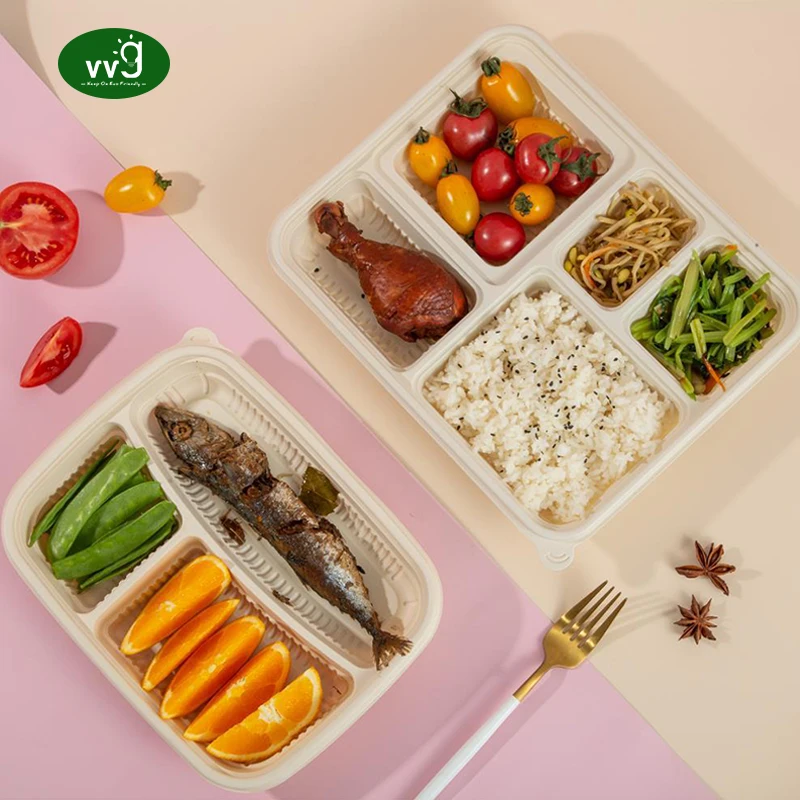 VVG corn starch disposable lunch box 5 compartment biodegradable disposable takeaway cornstarch food container with lid