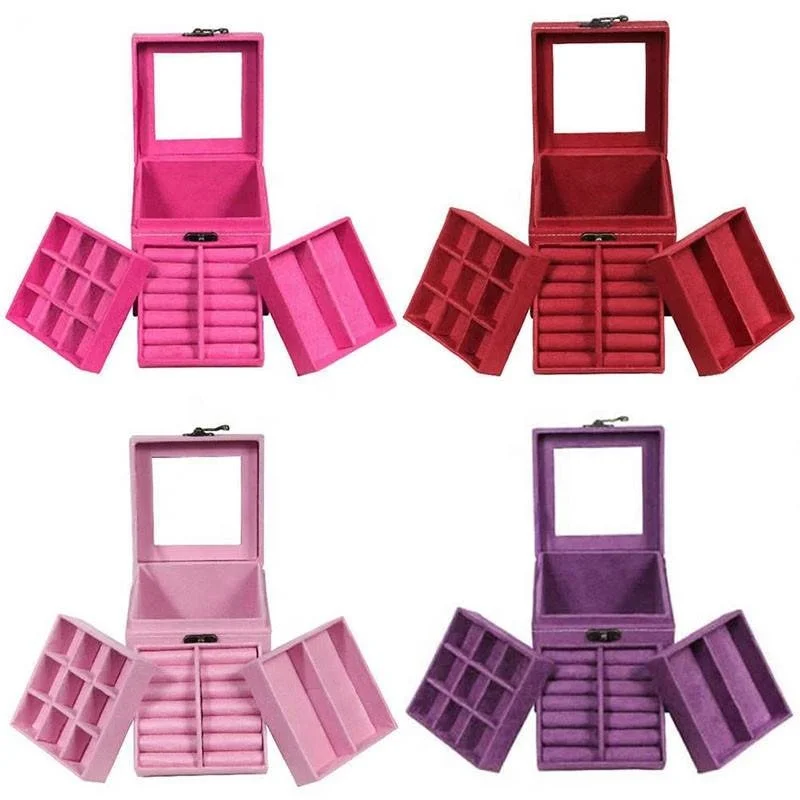 Лидер продаж, синий, зеленый, красный, розовый, фиолетовый бархатный органайзер для ювелирных изделий, футляр для хранения с 3 внутренними лотками по более низкой цене с ручкой