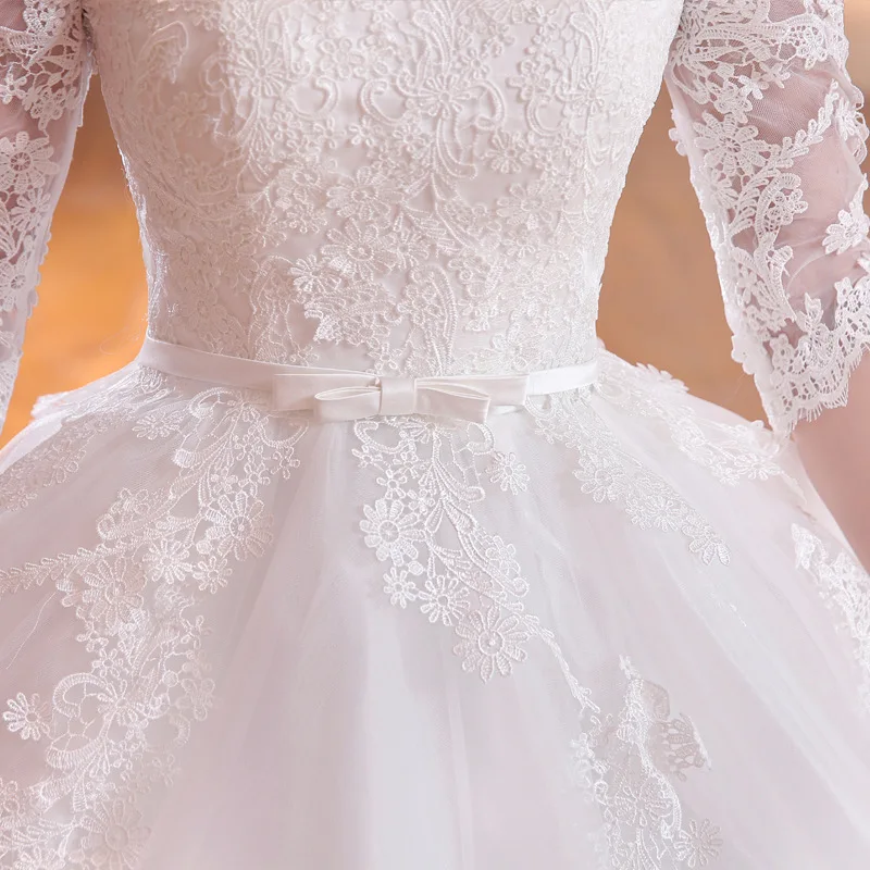 One-shoulder wedding dress large size bride in sleeves princess slim Flat Shoulder Half Sleeve Floor Length Lace Wedding Dress