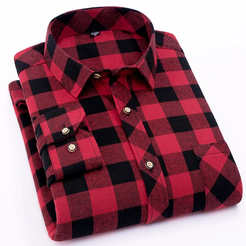2022 Wholesale  Customized OEM Men Button Up Long Sleeve Casual Red Plaid flannel shirt for men plus size