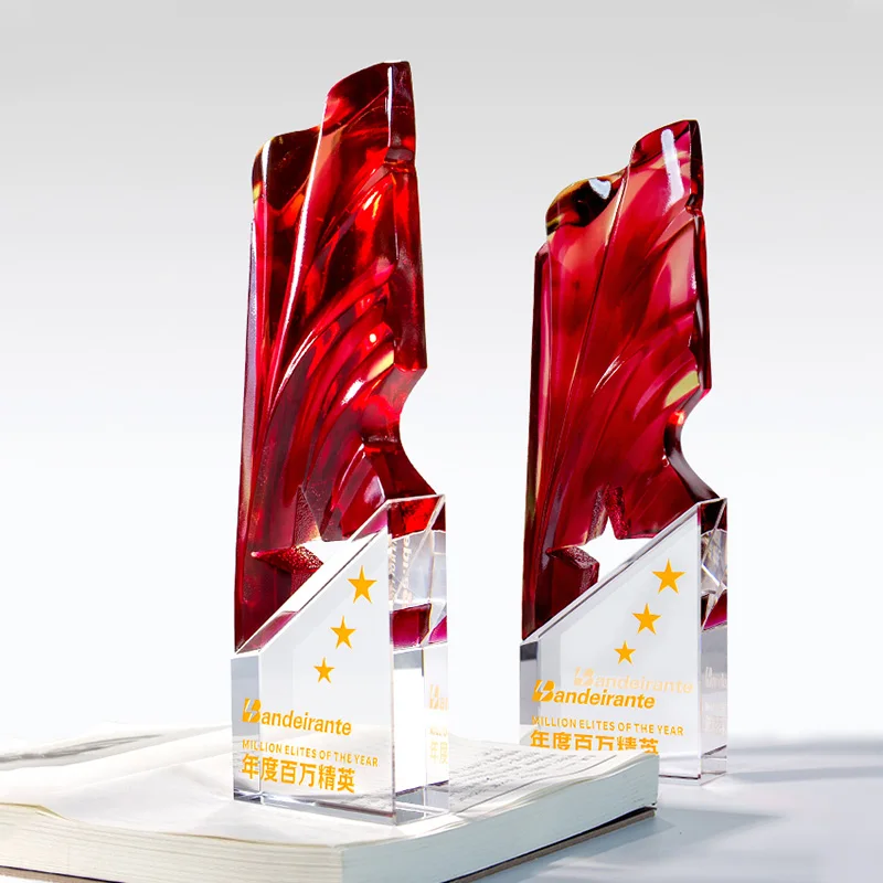 Jadevertu red color trophy Hot Sale Printing k9 crystalTrophy Chinese Supplier Trophy liuli crystal trophies and awards