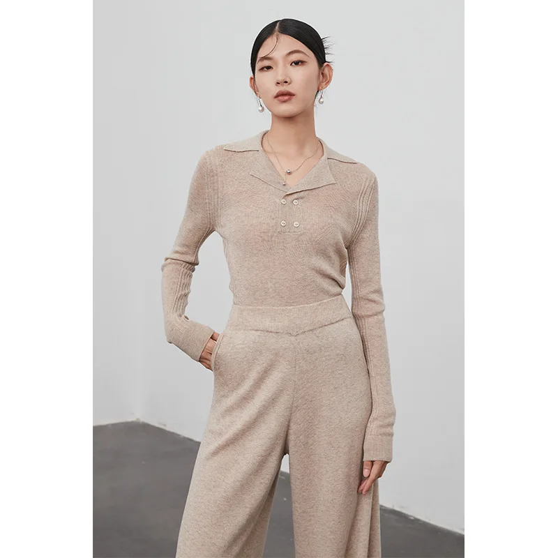 16-needle Basolan wool sweater polo collar sweater Japanese front shoulder 2022 early autumn new V-neck knitted sweater women