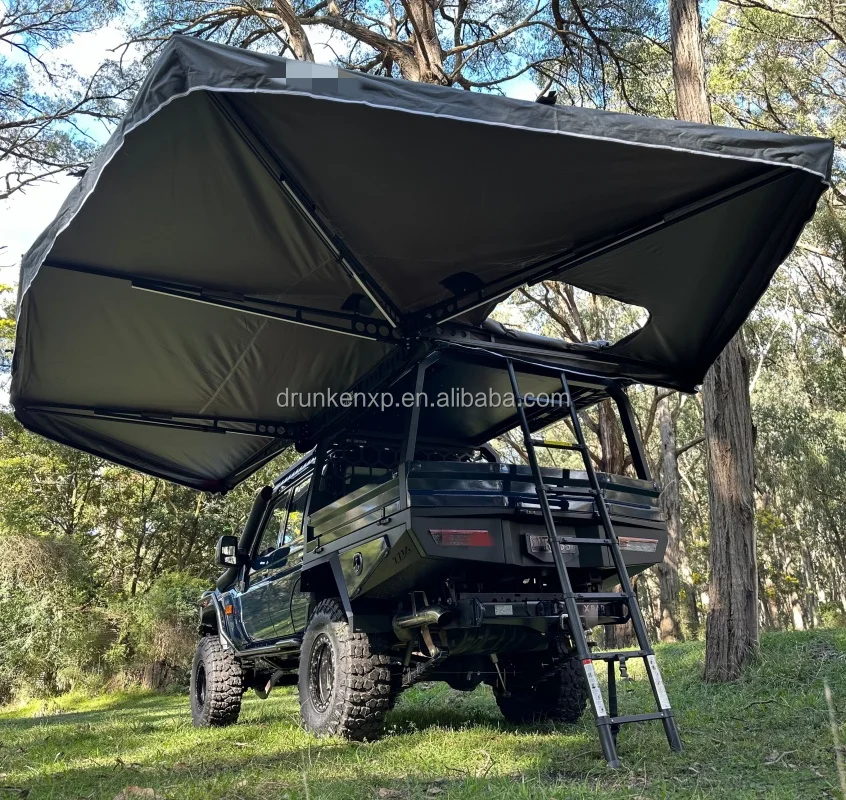 DrunkenXp 280G Canvas 270 Plus LED Lights Rainproof Poles D Zipper Hole Car Side Free Standing Awning