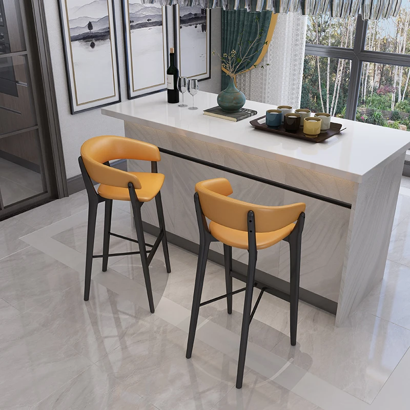 Light Luxury Italy Bar chair wine stool Stationary High back carved soft upholstered seat Round metal tube foot Pedal metal tube