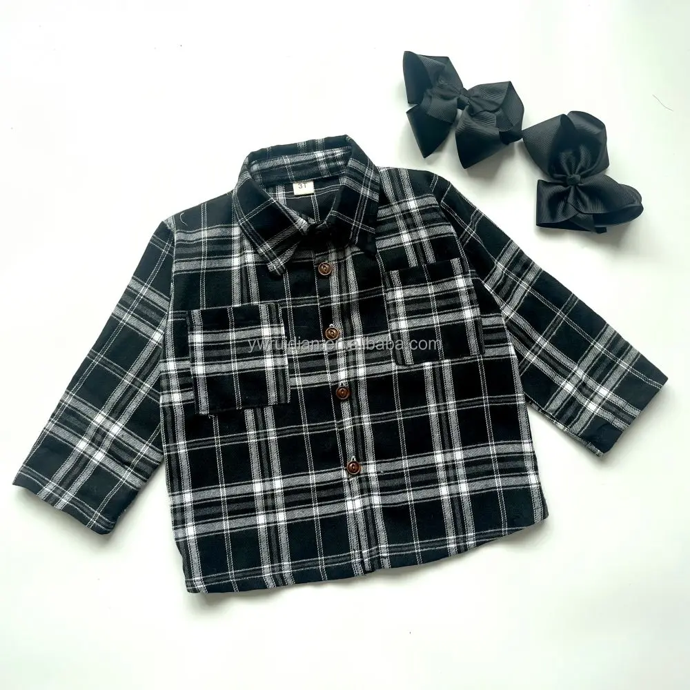 Yiwu Ruidian OEM Autumn Flannel Black And White Plaid Long-Sleeved Shirt + Black Pleated Skirt 2 Pieces Baby Girl Clothes Set