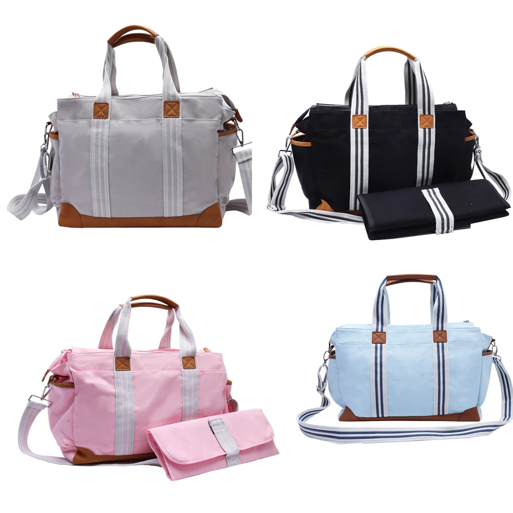 Large Capacity Custom Design waterproof Cotton Canvas Tote Shoulder Handbag Daily Travel Outdoor Mommy Baby Nappy Diaper Bag