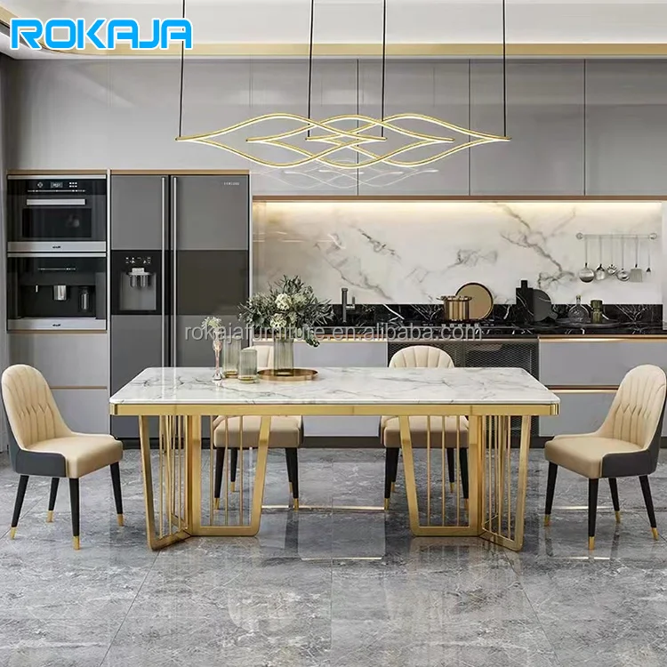 Italian Design Dining Table Set Golden Stainless Steel Leg Marble Slate Top Modern Dinner Table Dining Room Furniture