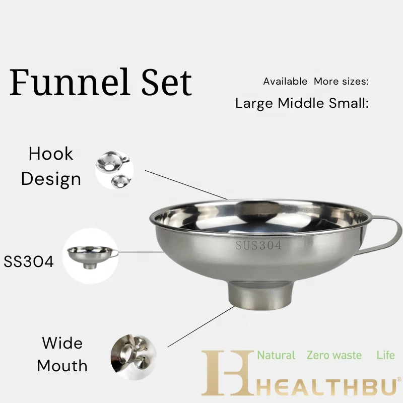 Kitchen Mini stainless steel food funnel With Metal Handle Large Funnel With Removable Strainer Filter