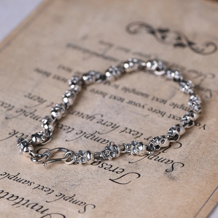 Wholesale 100% S925 sterling silver jewelry retro Thai silver hip hop Skull Bracelet for men and women