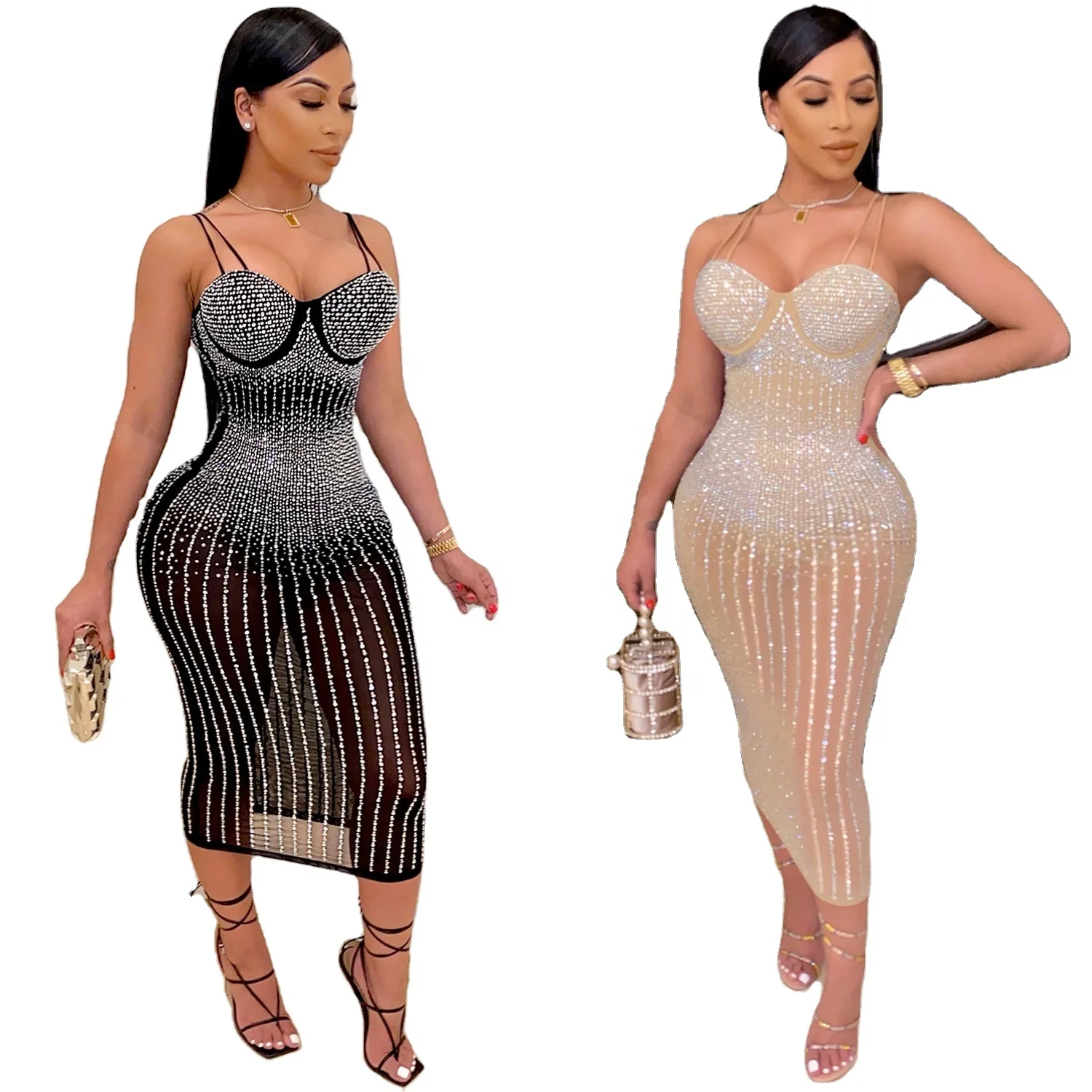 2021 Plus Size Sexy Bodycon Club Party Lady Elegant Cocktail Evening Dress Summer Women Clothing Beaded Casual Diamond Dress