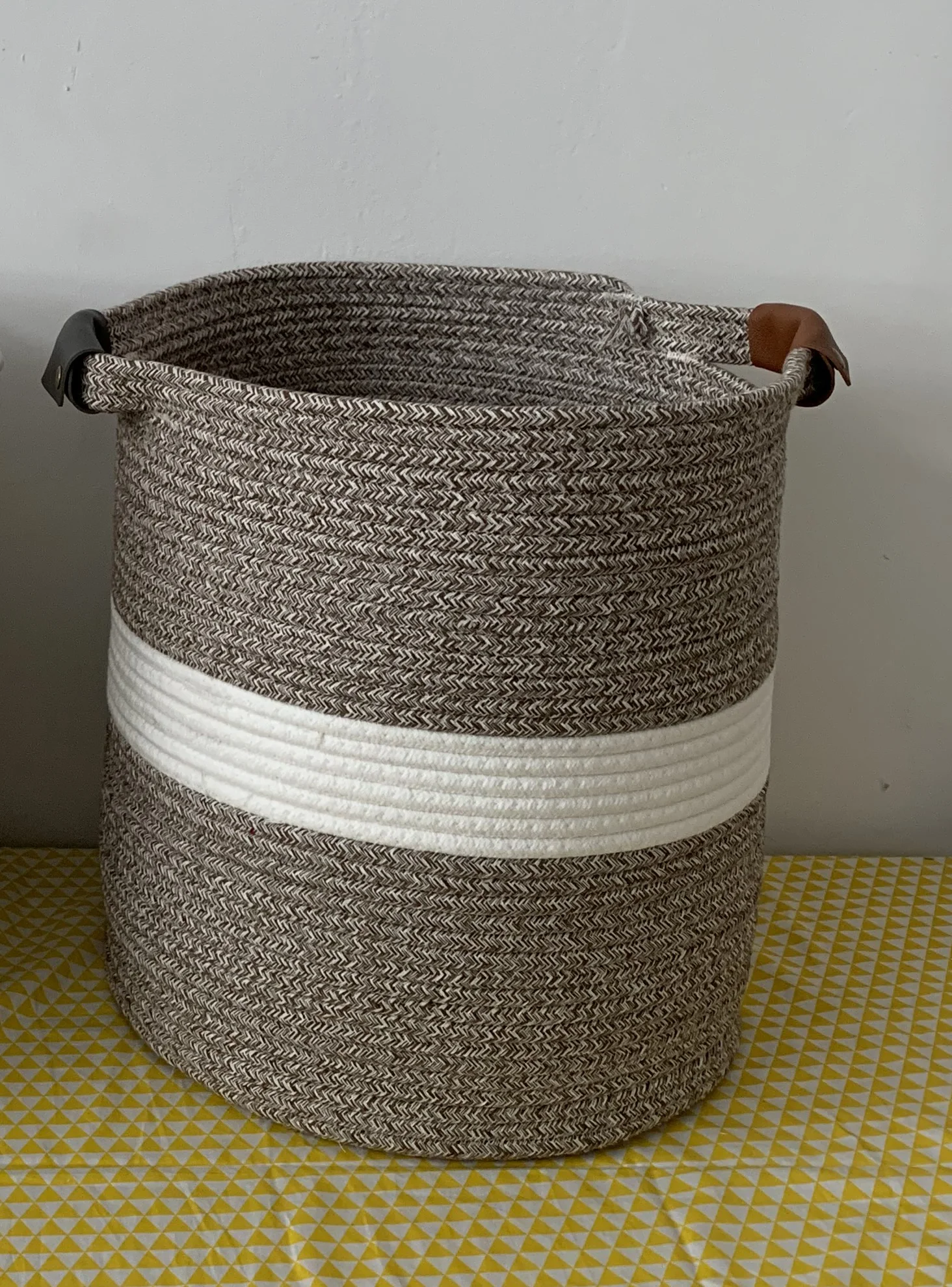 ICEBLUE Custom Leather Handles Home Storage Woven Basket Cotton Rope Basket