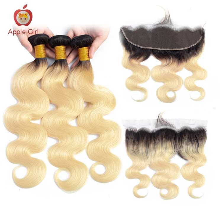 Honey Blonde Body Wave Hair Bundles With Lace Frontal Closure 1b/613 Mink Brazilian Human Hair Hair Bundles  With Lace Closure