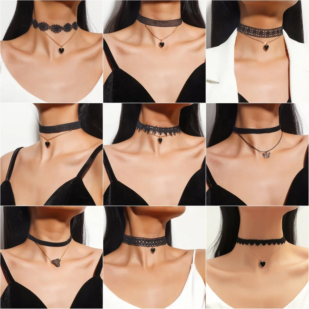 Punk Japanese Style Sexy Black Lace Gothic Double Heart Pendant Collarbone Chain Choker Necklace