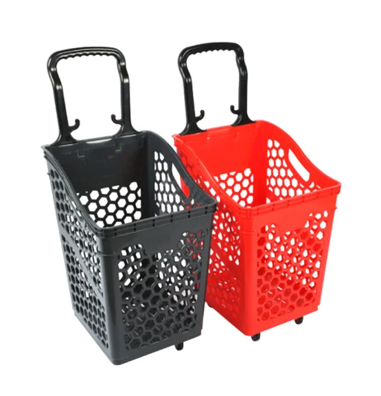Wholesale Grocery Store Rolling Basket Convenience Durable Plastic Shopping Basket With Double Wheels