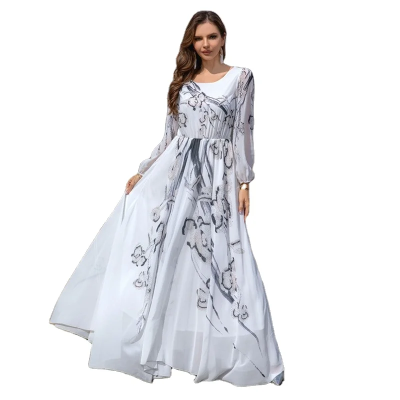 2024 Middle East Dubai Muslim Women Printed Sequin Abaya Long Robe Double Layer Lining Maxi Dress