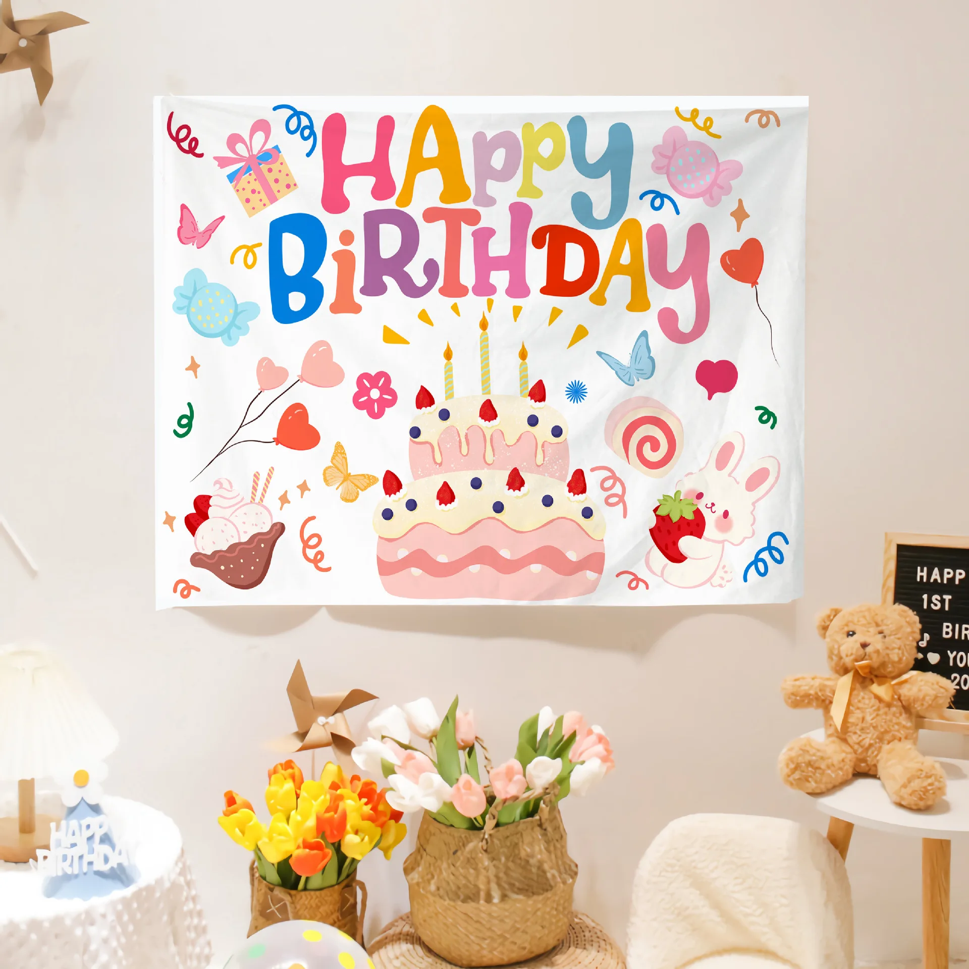 New style Happy Birthday Art Tapestry Wall Decor for Home or Party Background Hanging Cloth for Bedroom Wall Decor