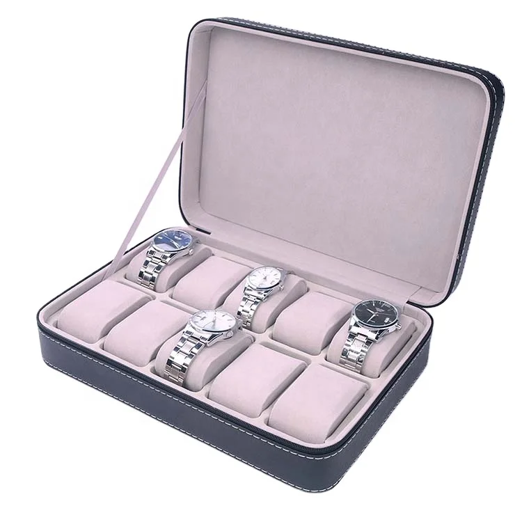 Velvet 10 Slots Watch Storage Box with Zipper Unique Big Cardboard PU Leather 2 Pcs PE Bag Black 12-15 Days PW006-1