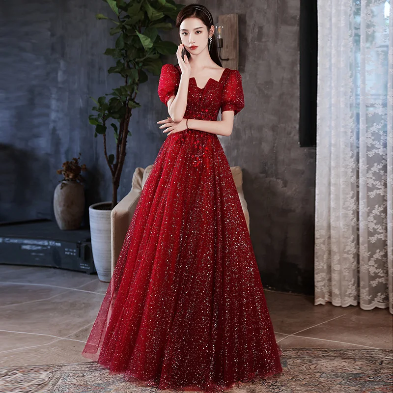 2375 Burgundy Toast Dress Bride New 2025 Blue Short Sleeves Banquet Prom Party Evening Ball Gowns