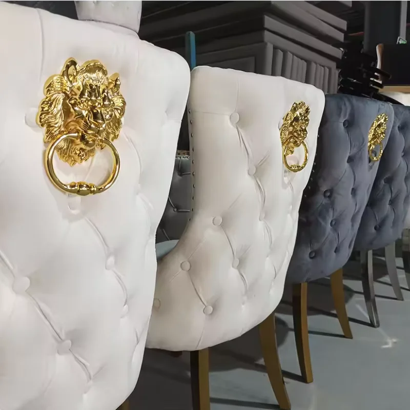 Unique Button Tufted Velvet Fabric Lion Knocker Modern Design Stainless Steel Legs Dining Room Sets of 6 Dining Chairs