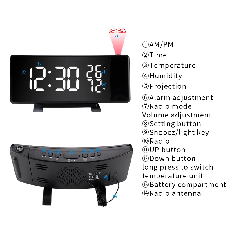 Multifunction Time 2022 Night Mirror New Ceiling Fm With Digital Clocks Projector Electronic Led Radio Projection Alarm Clock