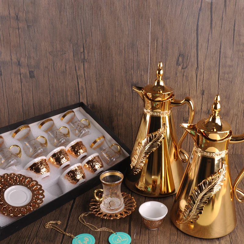 0.7L1.0L Arabic Tea Pot Dallah PP Shell Glass Inner Golden Luxury Thermo Coffee Flask Set