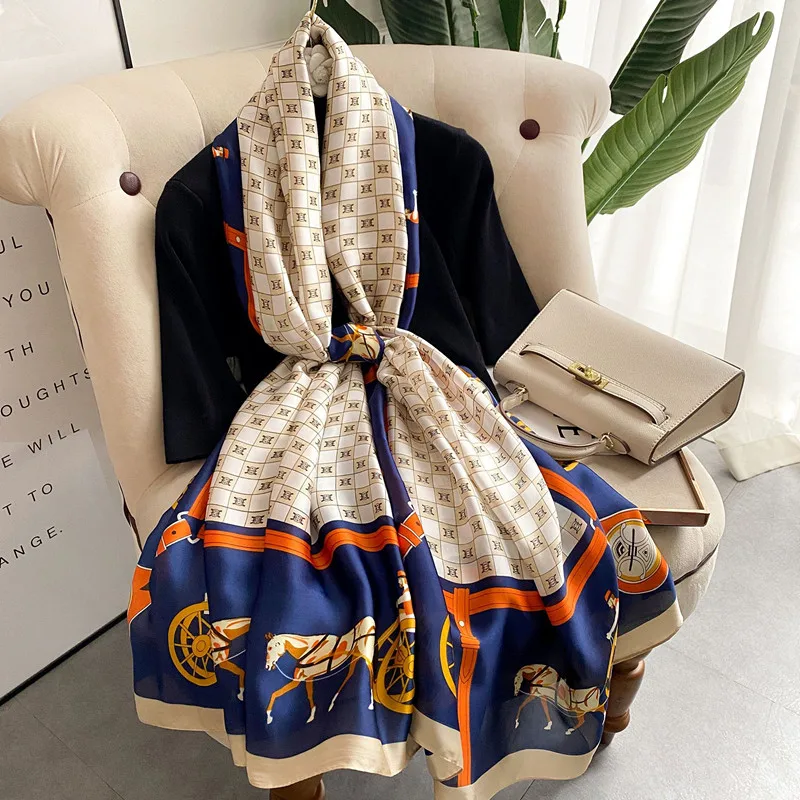 2022 Luxury Designer High Quality Large Silk Satin Shawl Beach Scarfs Hijab Long Horse Carriage Silk Scarf