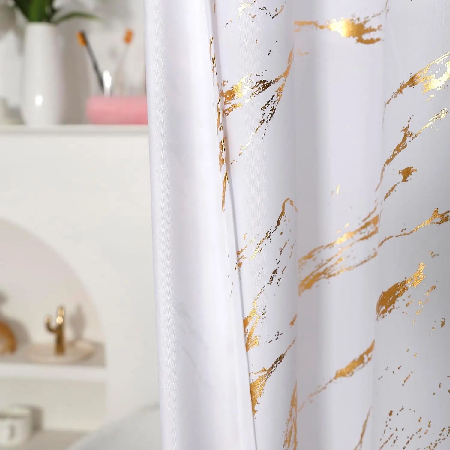 CF HPS17 Custom Silver Gold Foil Print marble shower curtain fabric 12 hooks waterproof luxury custom shower curtains set