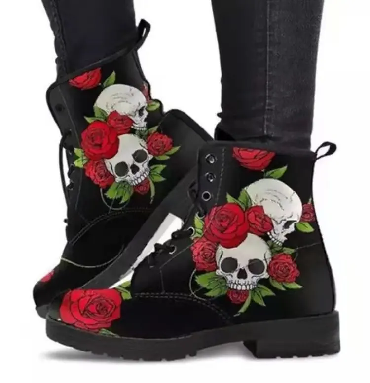 New gothic boots women party christmas pu leather skull boots cosplay martin boots big size ladies botas de mujer